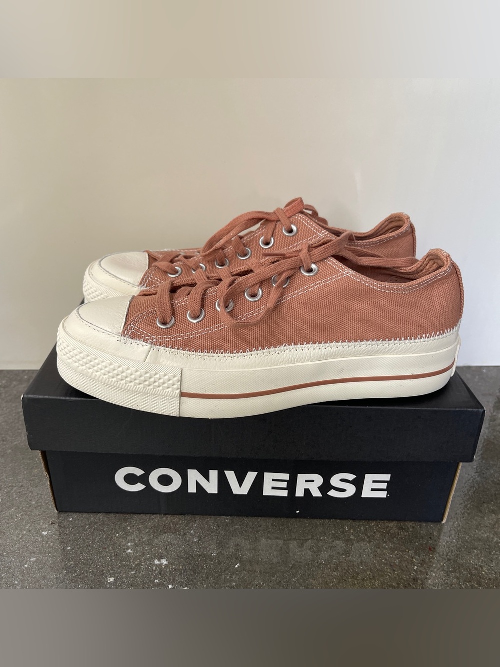 Converse Women’s Low Top Platform Canvas Sneakers in Sand Color and Off-White